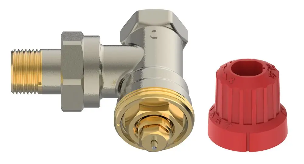 Danfoss Ventilgehäuse mit einem Anschluss für ein Heizsystem, metallisch, mit einem roten Regler. Geeignet für die Installation in Heizungsanwendungen.